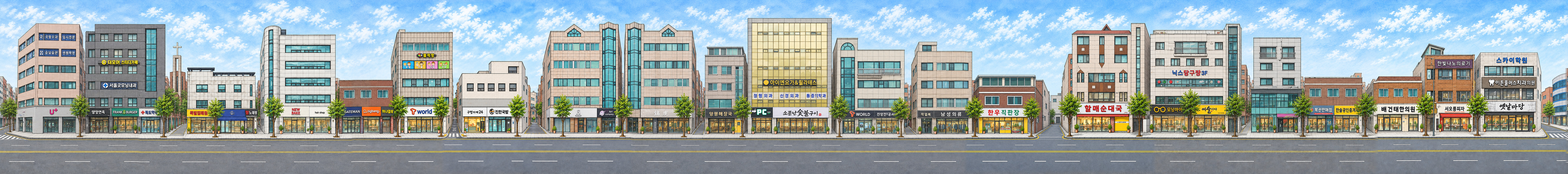 LG U+와 NEW BAKE에서 스카이학원 쪽으로 이어지는 상가와 도로 삽화